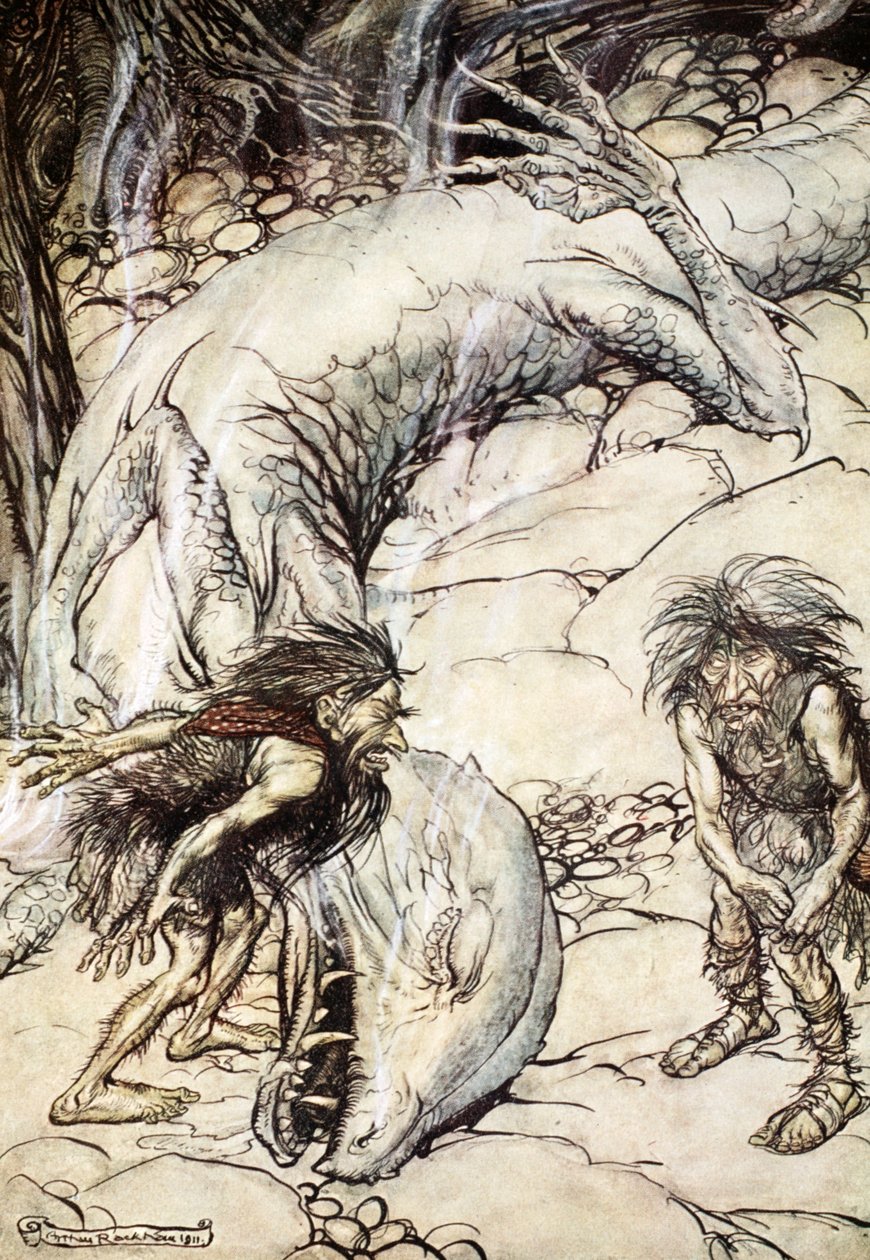 „A törpök veszekednek Fafner testén”, 1924. alkotó: Arthur Rackham