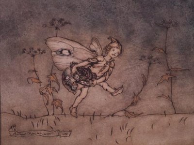 Az elf kísérő alul, illusztráció a Szentivánéji álomhoz alkotó: Arthur Rackham