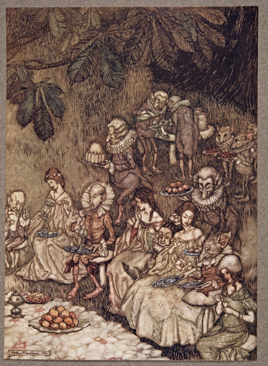 A tündérek körbeülnek a gombákon, és eleinte jól viselkednek. Peter Pan a Kensington Gardensben, J M Barrie (1860-1937), kocsma. 1906 alkotó: Arthur Rackham