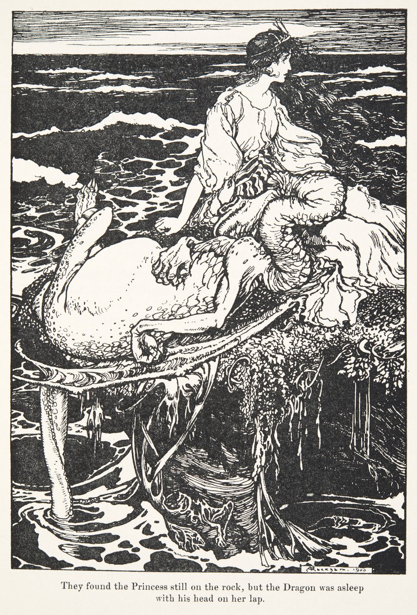A hercegnőt még a sziklán találta, de a Sárkány fejét az ölében aludt, a Grimm testvérek tündérmeséiből, kocsmából. 1909 alkotó: Arthur Rackham