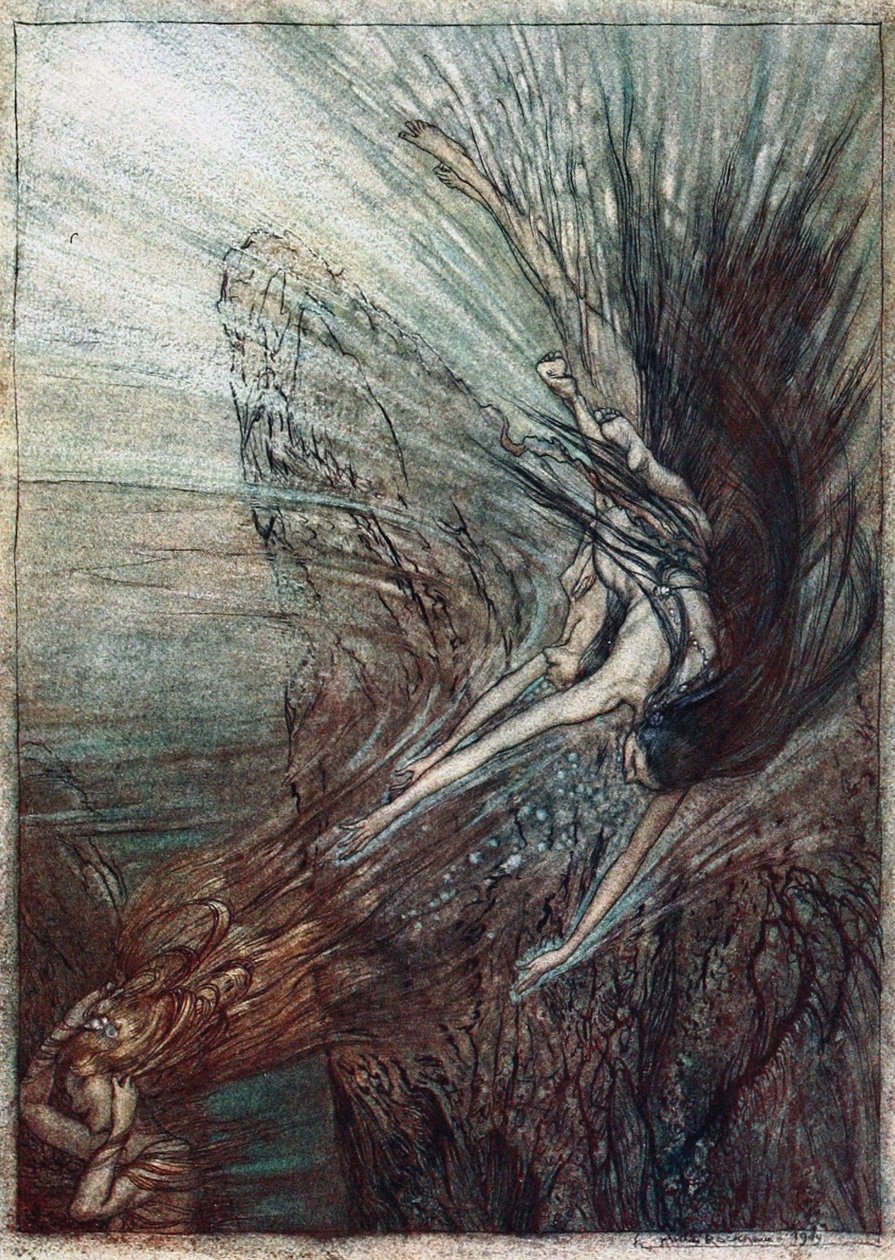 A Rajnalányok mulatsága. Illusztráció a Rajna aranyhoz és a Valkűrhöz, Richard Wagnertől, alkotó: Arthur Rackham