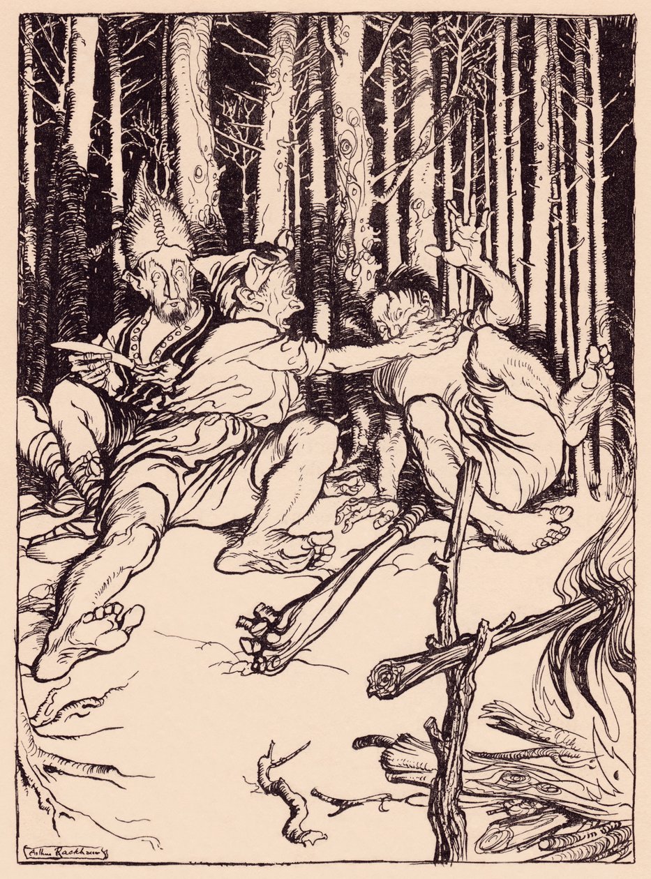 Az óriás a mellette ülőnek egy dobozt adott a fülére. Illusztráció: Arthur Rackham a Grimm meséjéből, Az ügyes vadász c. alkotó: Arthur Rackham