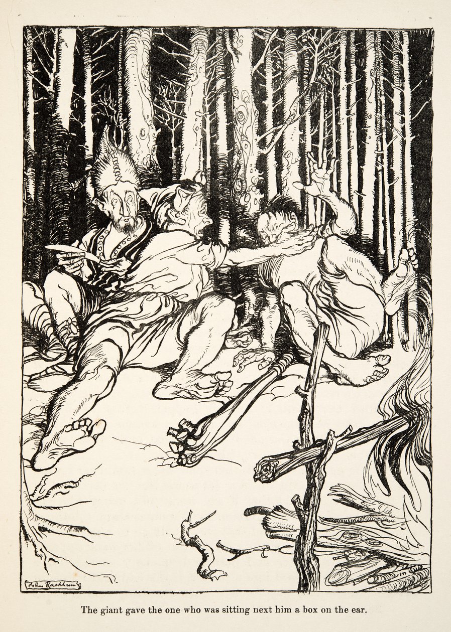 Az óriás egy dobozt adott a mellette ülőnek a fülére, a Little Brother & Little Sister és a Grimm testvérek más meséiből, pub.1917 (litho) alkotó: Arthur Rackham