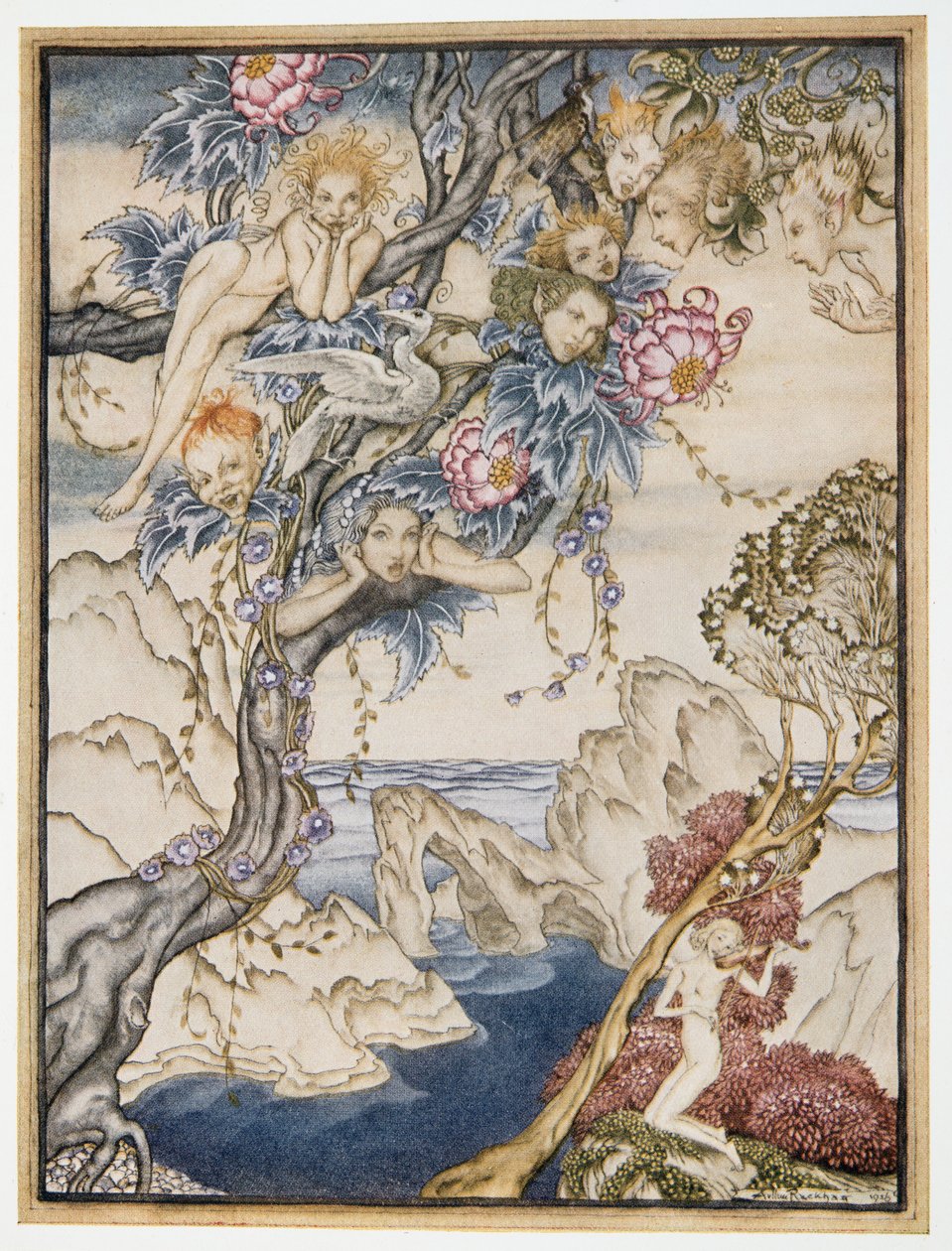 A sziget tele van zajokkal, hangokkal és édes levegővel, amelyek örömet okoznak és nem bántanak, illusztráció William Shakespeares A vihar, kocsma. 1926 alkotó: Arthur Rackham