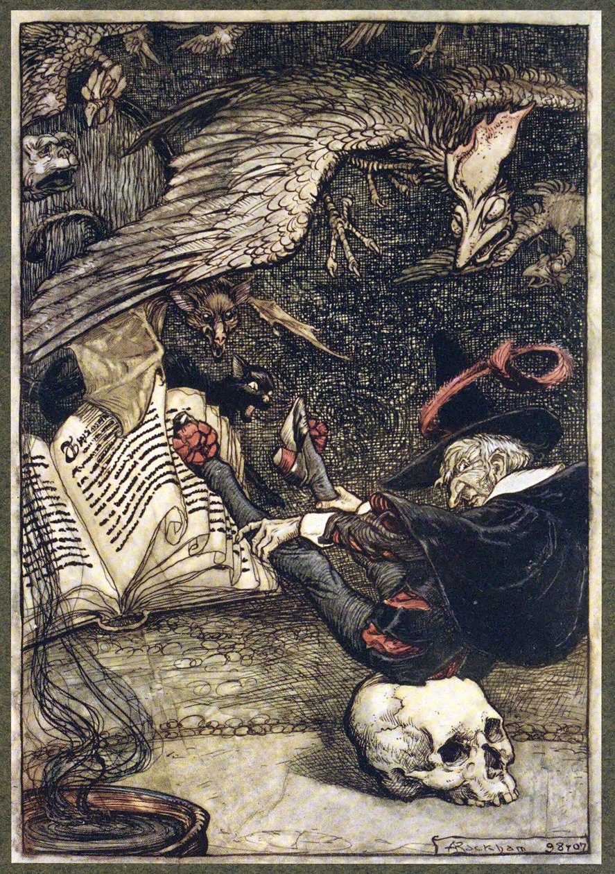 A kis ember a kör közepén ült a nagy koponyán, a The Ingoldsby Legends kocsmából. 1907 alkotó: Arthur Rackham