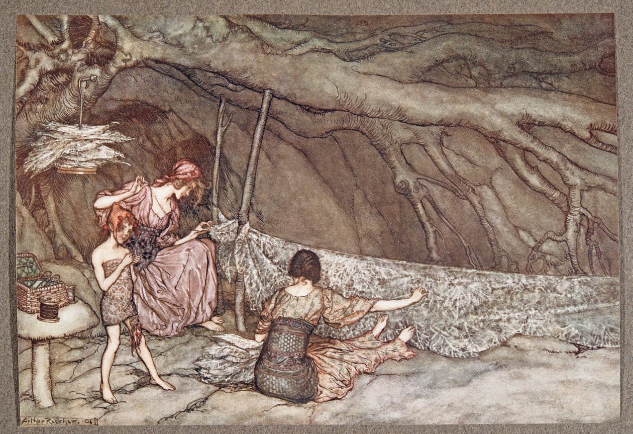 A kis emberek csontvázlevelekből szövik nyári függönyeiket .. , J M Barrie (1860 - 1937), kocsma, a Kensington Gardensben található Peter Pan-től. 1906 alkotó: Arthur Rackham