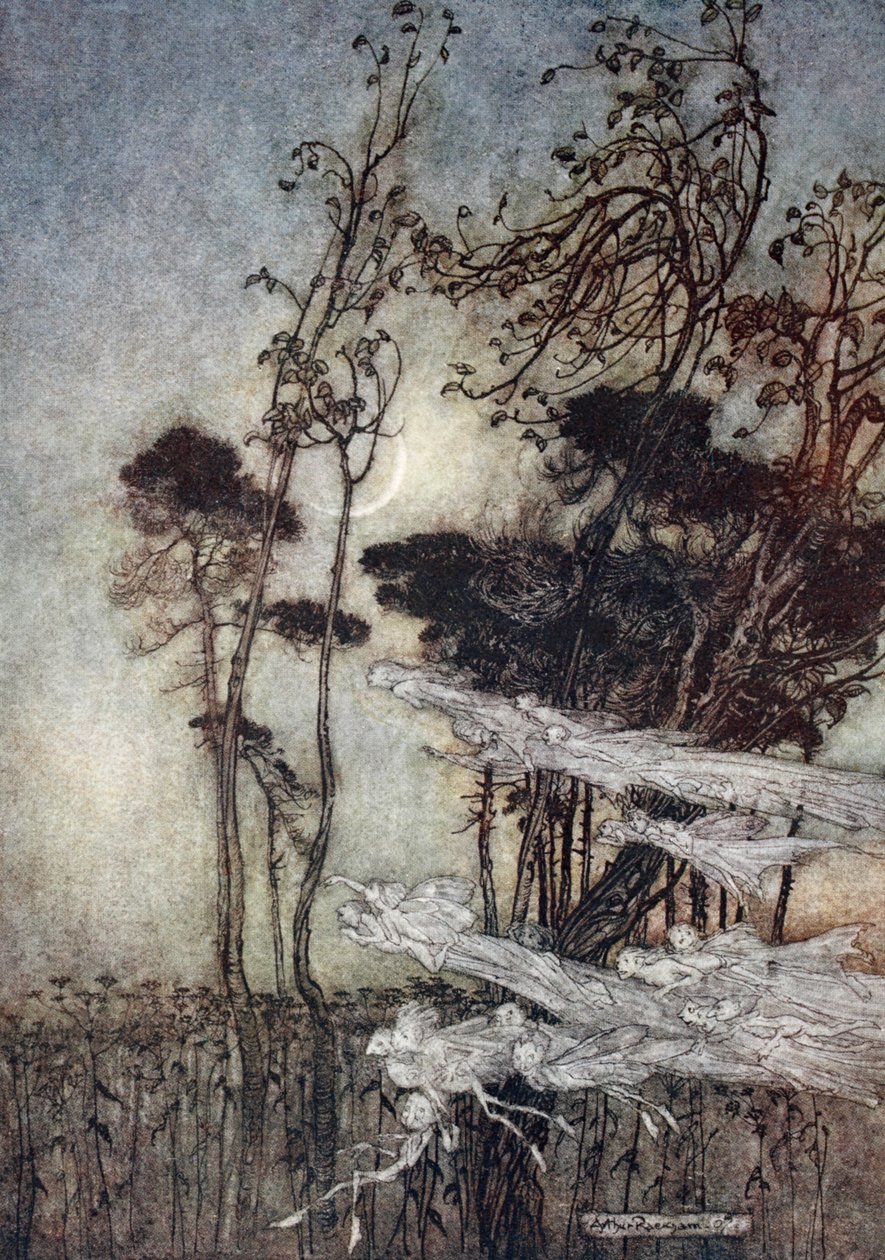 ..A hold, mint egy ezüst íj Újonnan meghajolva a mennyben, illusztráció William Shakespeare 1908-as Szentivánéji álom című művéből alkotó: Arthur Rackham