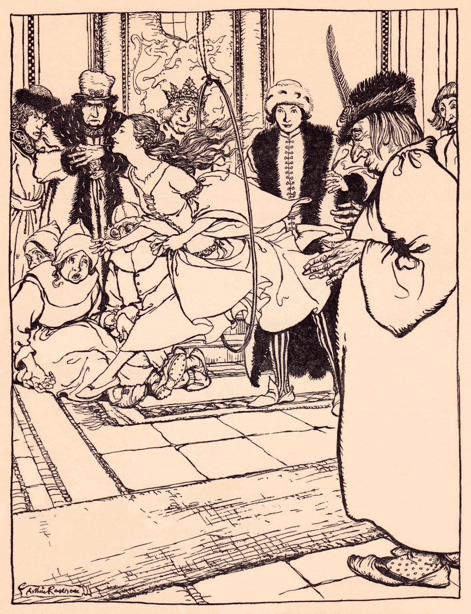 A csinos leány olyan könnyedén ugrott át a karikán, mint egy szarvas. Illusztráció: Arthur Rackham Grimm meséjéből, A három tollból. alkotó: Arthur Rackham