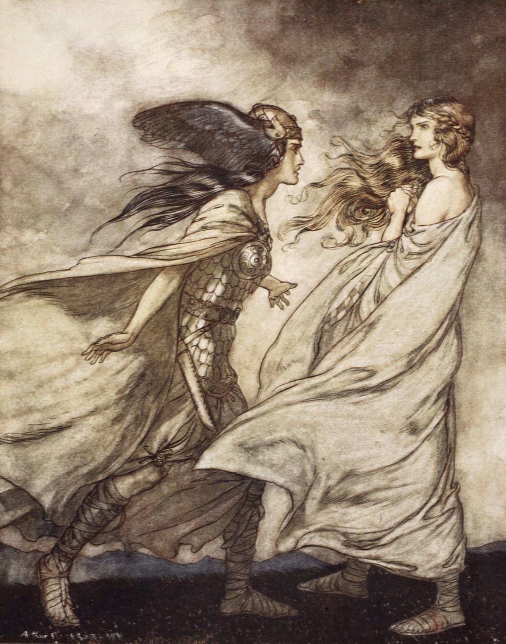 – A gyűrű a kezeden – ..ah kérlek! Wotannak, hogy eldobja!”, illusztráció a „Siegfried és az istenek alkonyából” alkotó: Arthur Rackham