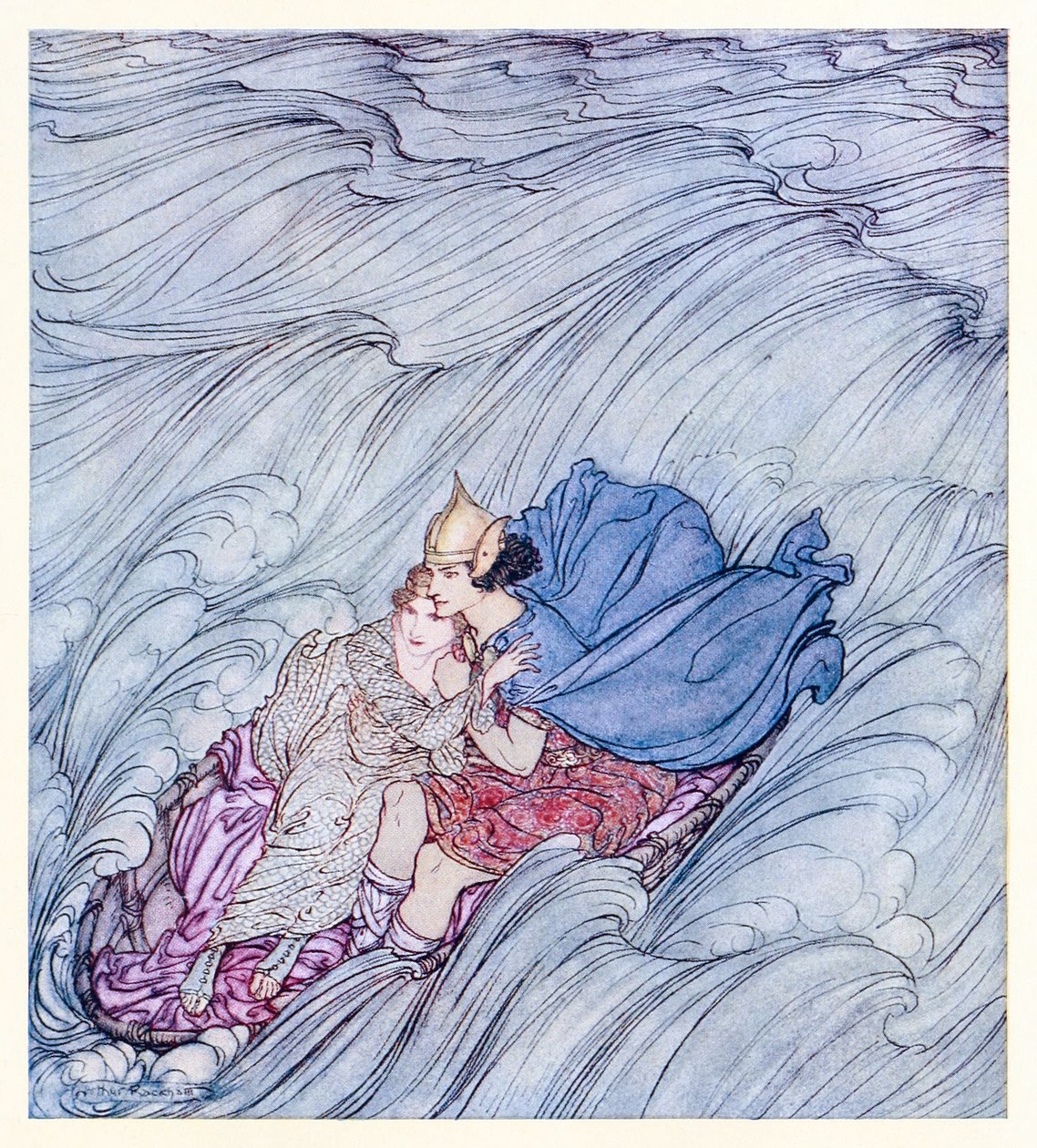 Úgy tűnt, hogy a világok hullámai örvénylettek el mellettük egyetlen hatalmas zöld szőnyegen a Becuma of the White Skin in Irish Fairy Tales alkotó: Arthur Rackham
