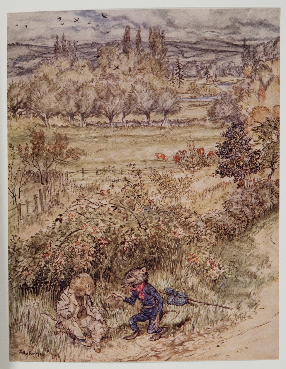 Az útonjáró udvariassági gesztussal tisztelgett, amiben volt valami idegen, Kenneth Grahame (1859-1932), pub Wind in the Willows című művéből. 1940 alkotó: Arthur Rackham