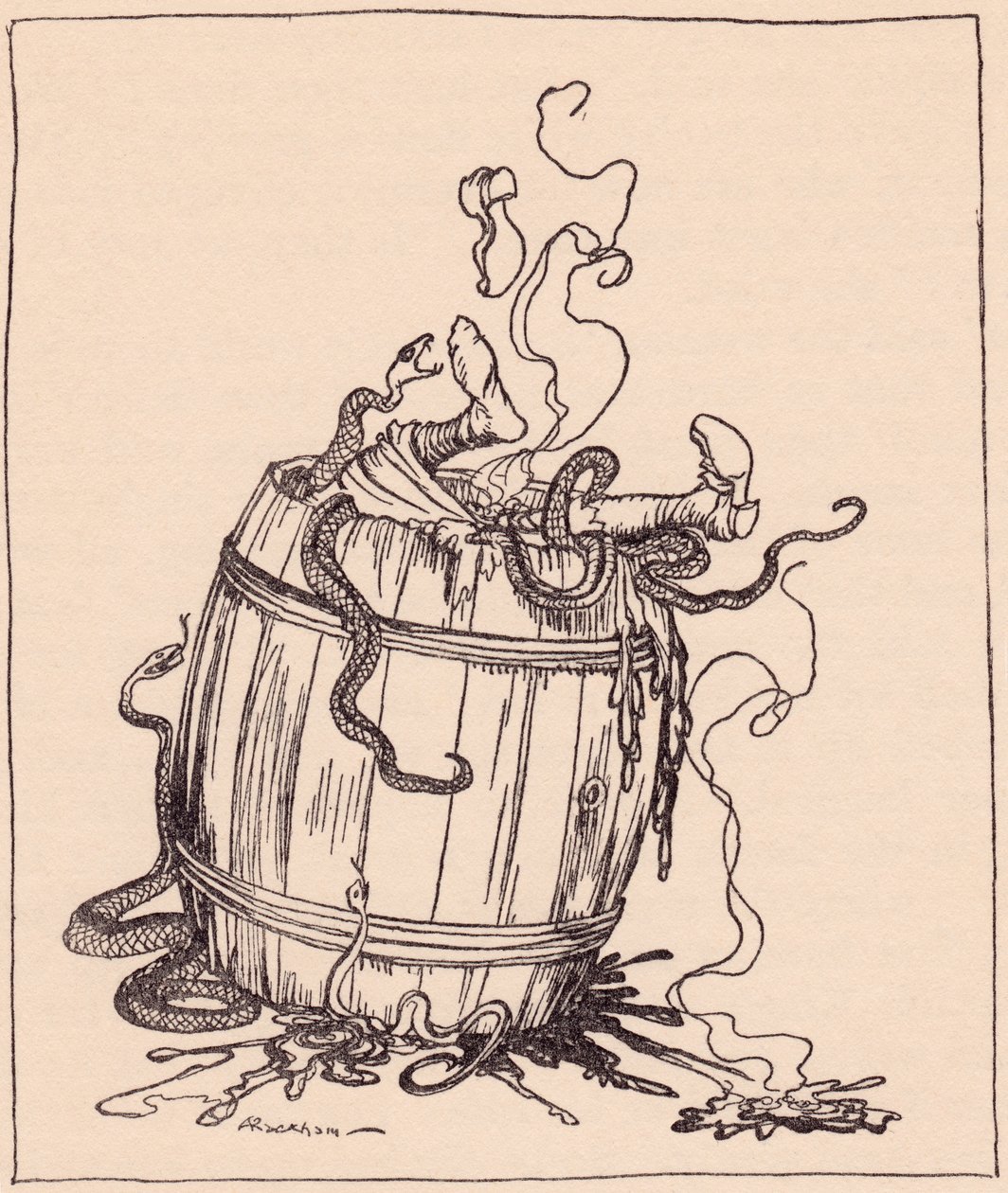 A gonosz anyóst egy forró olajjal és mérges kígyókkal teli hordóba tették. Arthur Rackham illusztrációja a 19. század végén megjelent Grimm tündérmeséjéből, A tizenkét testvérből. alkotó: Arthur Rackham