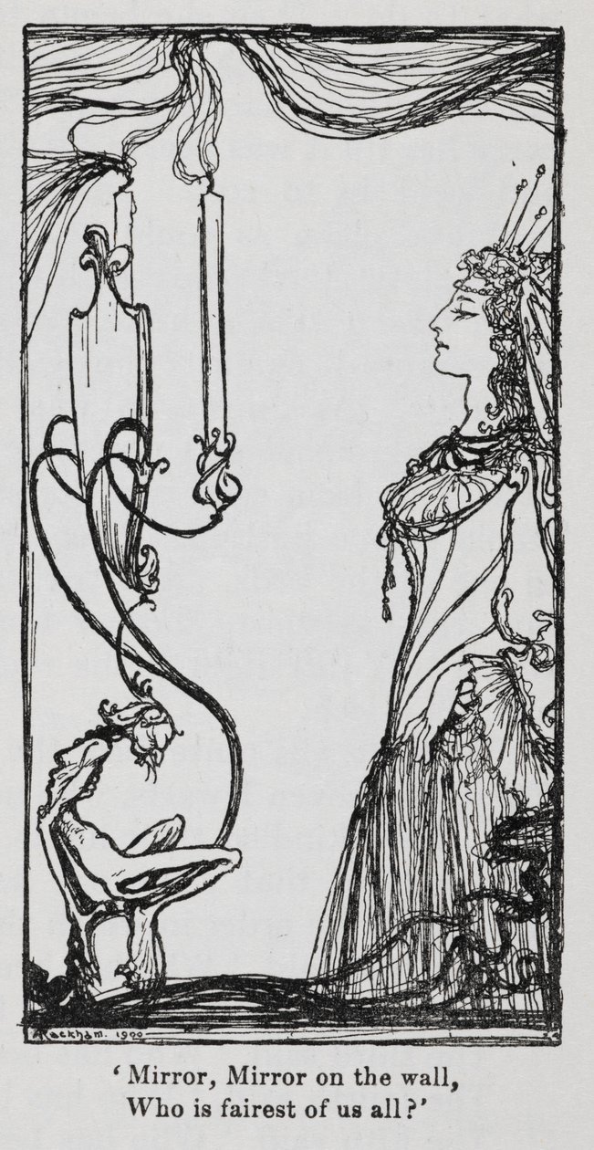 A gonosz királynő magát nézi a tükörben a Hóvirágból (Hófehérke) alkotó: Arthur Rackham