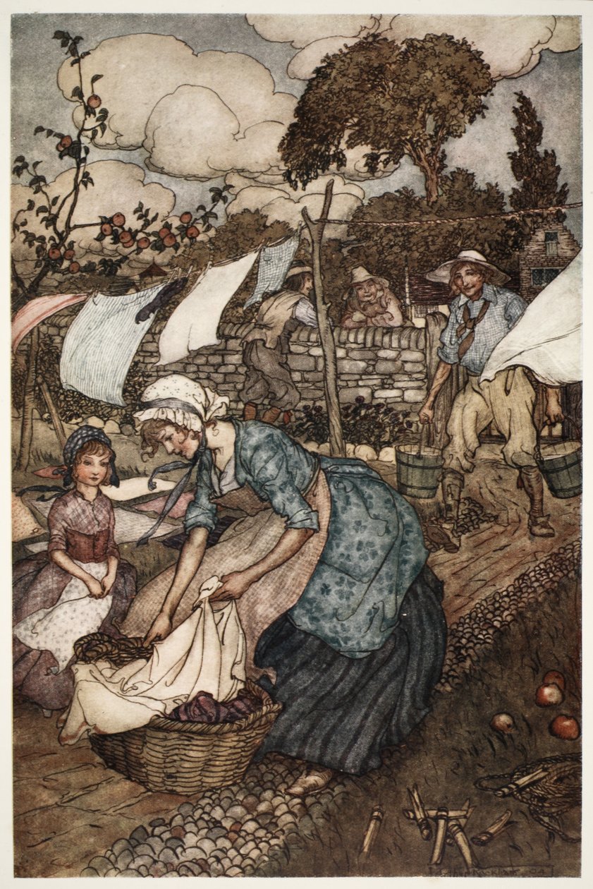 A falubeli asszonyok olyan kis alkalmi munkákra alkalmazták, amilyeneket a kevésbé elkötelezett férjeik nem tettek meg helyettük. Rip Van Winkle-től Washington Irvingtől, pub. 1910 alkotó: Arthur Rackham