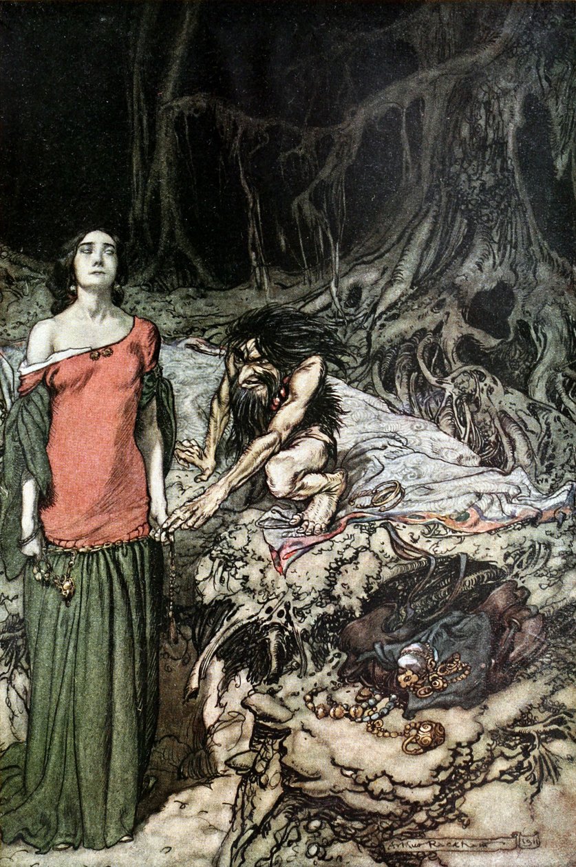 Grimhilde, Hagen anyjának udvarlása. Illusztráció Siegfriedhez és Az út alkonyához alkotó: Arthur Rackham