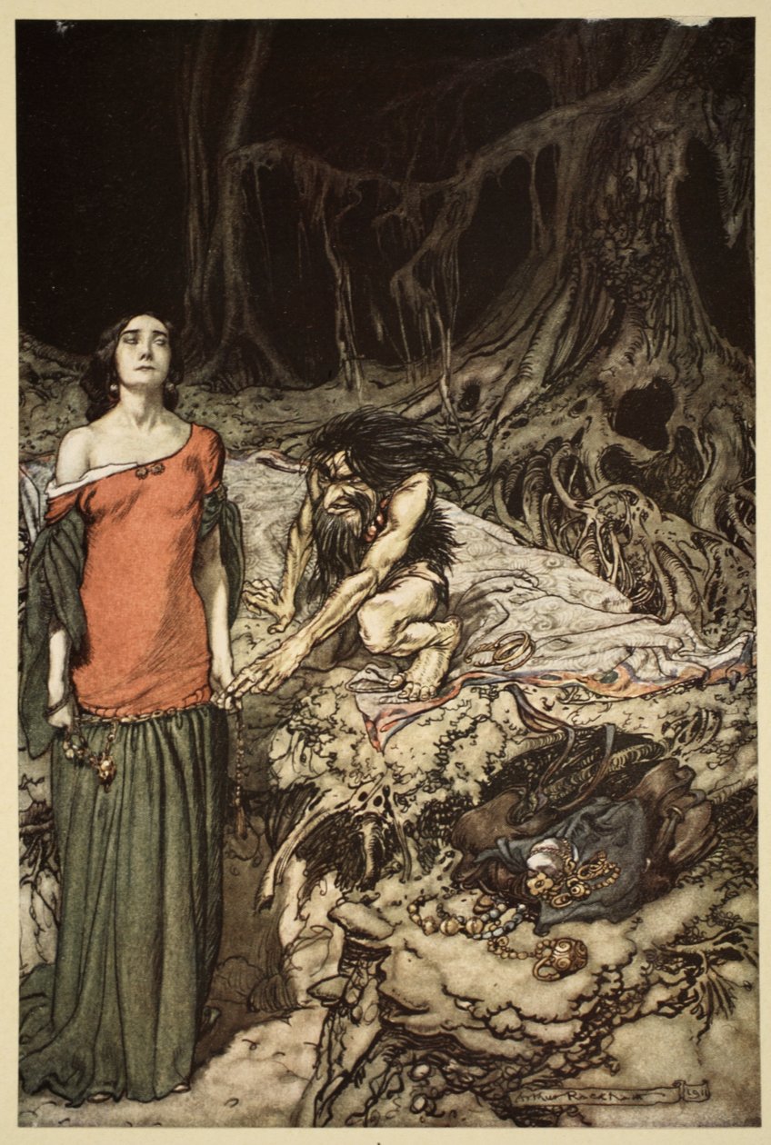 Grimhilde, Hagen anyjának udvarlása a „Siegfried és Az istenek alkonya”-ból, 1910 alkotó: Arthur Rackham