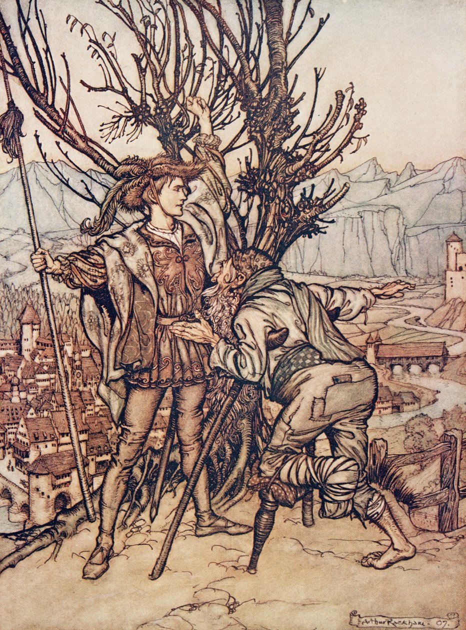 Az ifjú herceg azt mondta, nem félek; Elhatároztam, hogy elmegyek és megnézem a gyönyörű Briar Rose ?-t, a Grimm testvérek tündérmeséiből, kocsmából. 1909 alkotó: Arthur Rackham