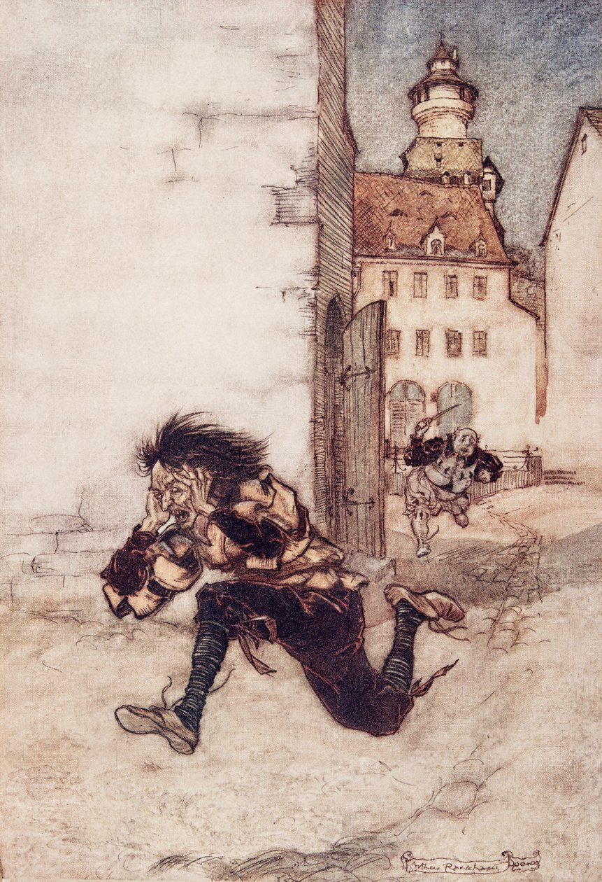 Aztán futott utána, még mindig a faragó kést fogva, és kiáltott Csak egy, csak egy! a Grimm testvérek tündérmeséiből, pub. 1909 alkotó: Arthur Rackham