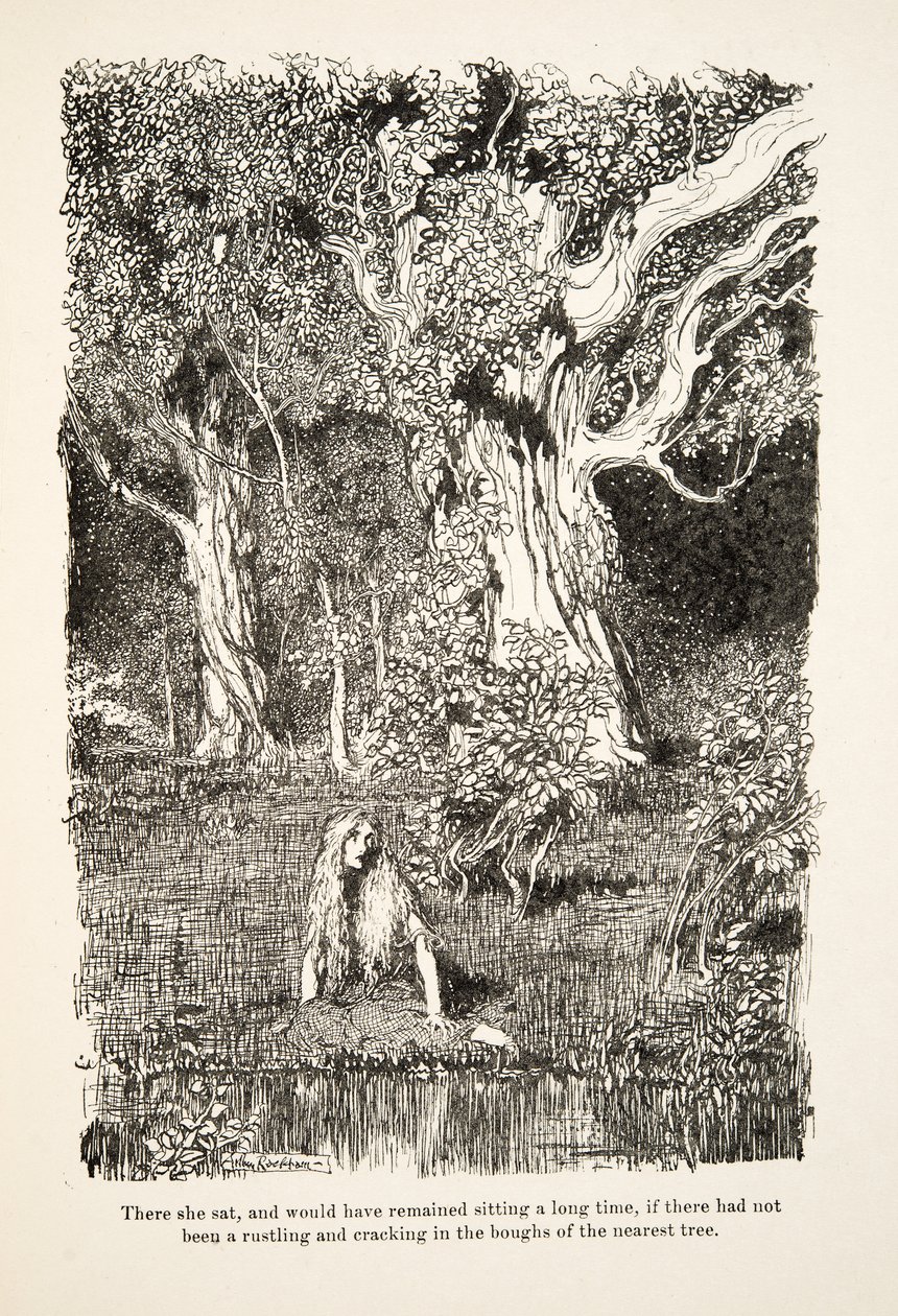 Ott ült, és sokáig ülve maradt volna, ha a legközelebbi fa ágaiban nem hallatszott a suhogás és repedés, a Little Brother & Little Sister és a Grimm testvérek más meséiből, pub.1917 (litho) alkotó: Arthur Rackham