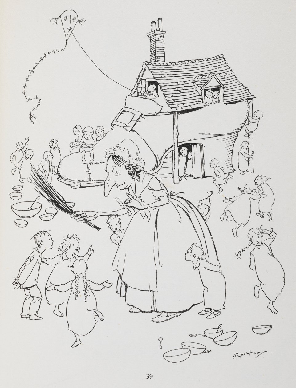 Volt egy idős hölgy, aki cipőben lakott. Nő egy cipőházzal és sok gyerekkel. alkotó: Arthur Rackham