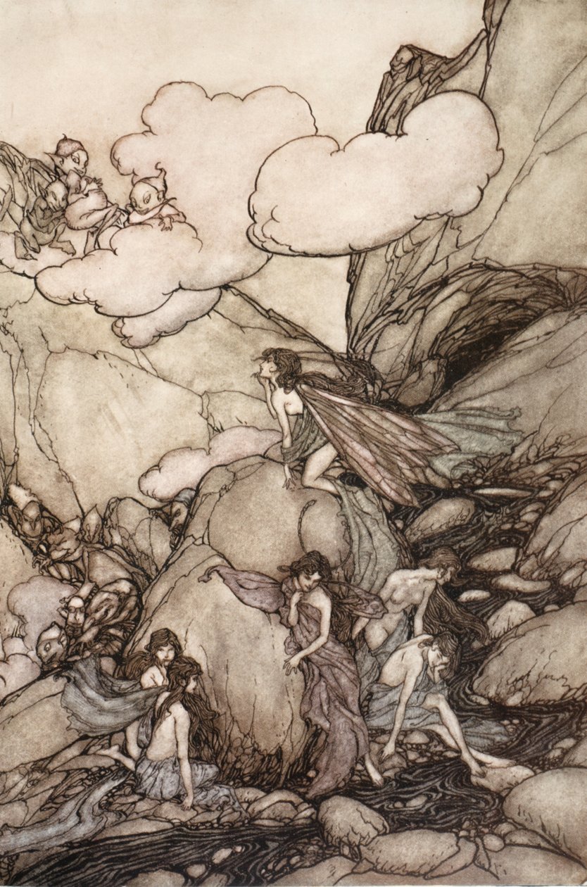 Ezek a tündérhegyek a Washington Irving által készített Rip Van Winkle-től, kocsma. 1910 alkotó: Arthur Rackham
