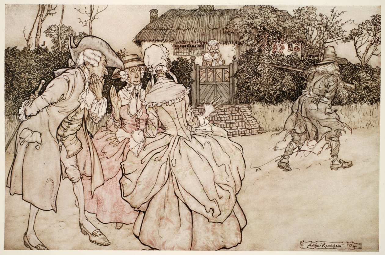Valamennyien egyforma meglepetéssel meredtek rá, és mindig simogatták az állukat. A Rip Van Winkle-től, Washington Irvingtől, kocsmából. 1910 alkotó: Arthur Rackham