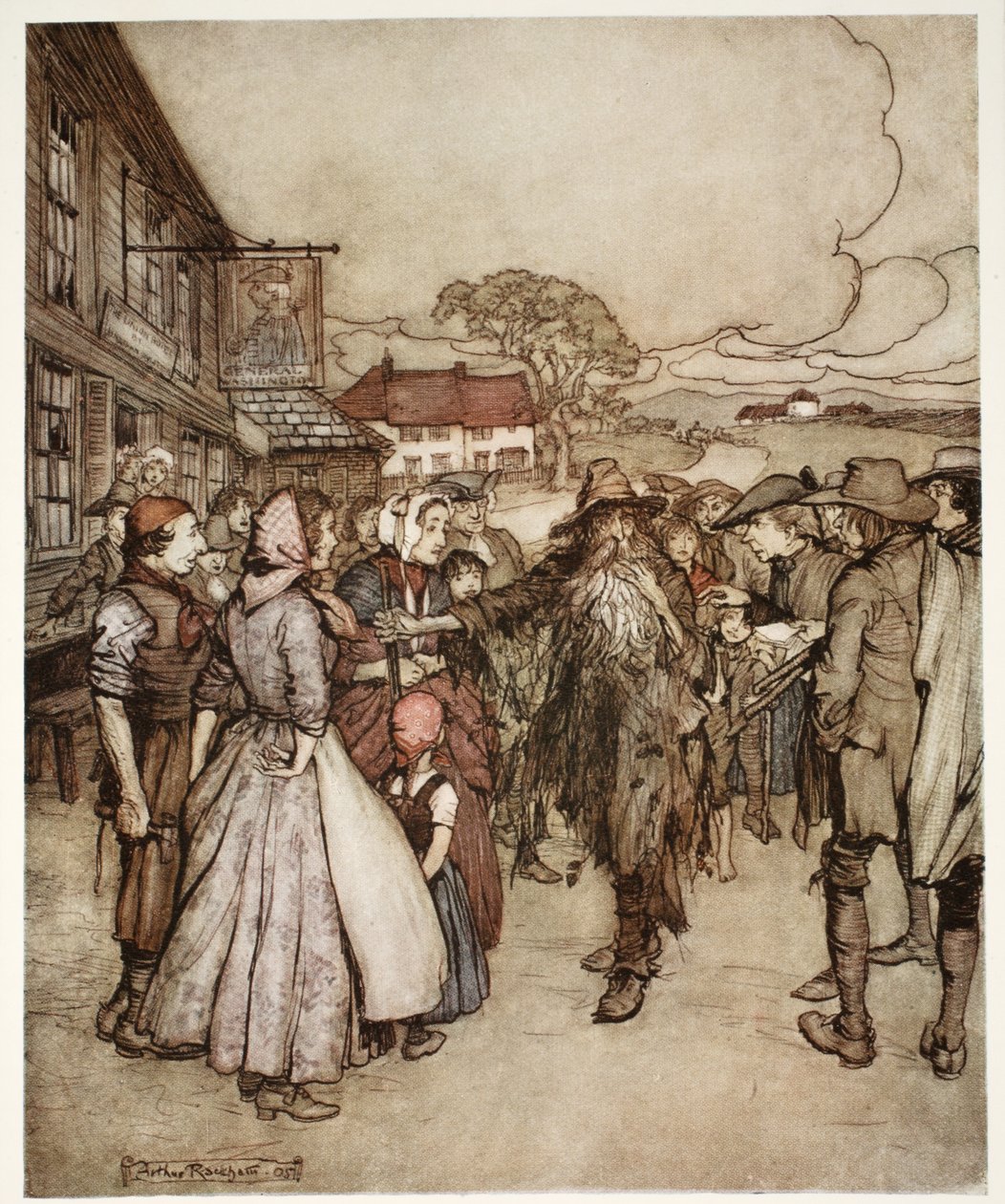 Körülötte tolongtak, és tetőtől talpig nagy kíváncsisággal szemlélték. Rip Van Winkle-től Washington Irving, kocsma. 1910 alkotó: Arthur Rackham