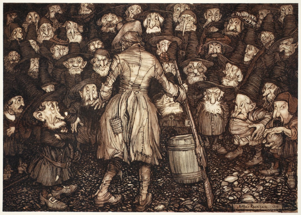 Olyan merev, szoborszerű tekintettel meredtek rá, hogy a szíve megfordult benne, és a térdei összeszorultak. Rip Van Winkle-től Washington Irvingtől, kocsmából. 1910 alkotó: Arthur Rackham