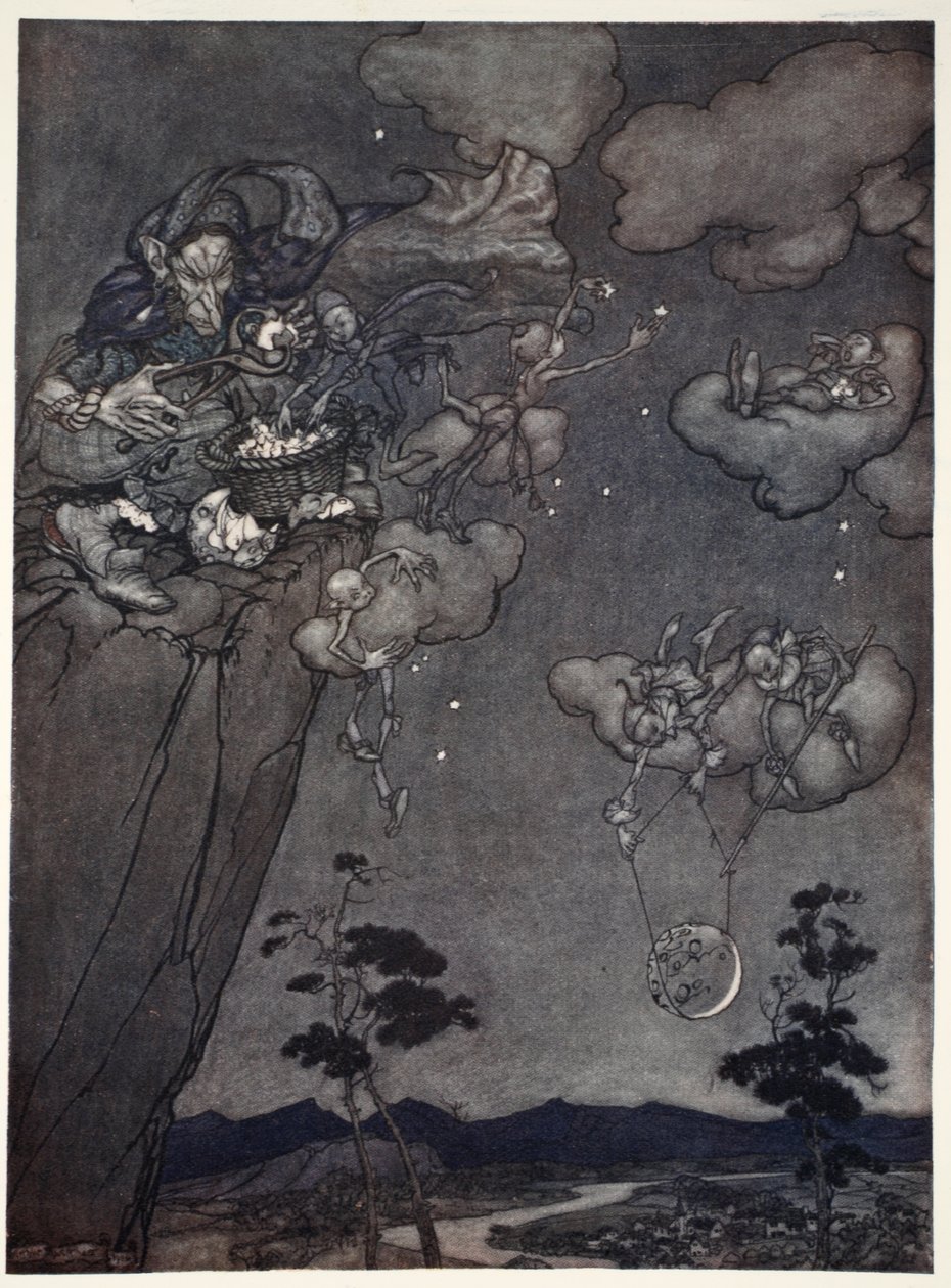 Egy régi sáfrány szellem uralta őket, aki felakasztotta az újholdakat az égre, és a régieket csillagokra vágta. Rip Van Winkle-től Washington Irving, kocsma. 1910 alkotó: Arthur Rackham