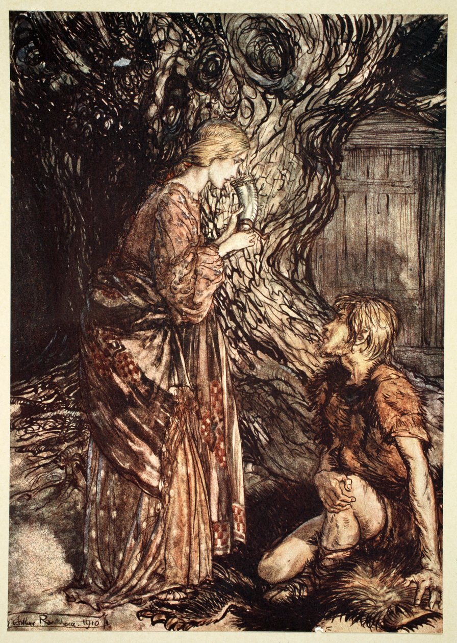 „Ezt a gyógyító és mézédes mead-pisztolyt méltóképpen elfogadom tőlem”, 1910. alkotó: Arthur Rackham