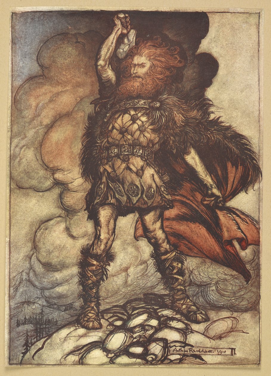 Thor felemeli a kalapácsát. alkotó: Arthur Rackham