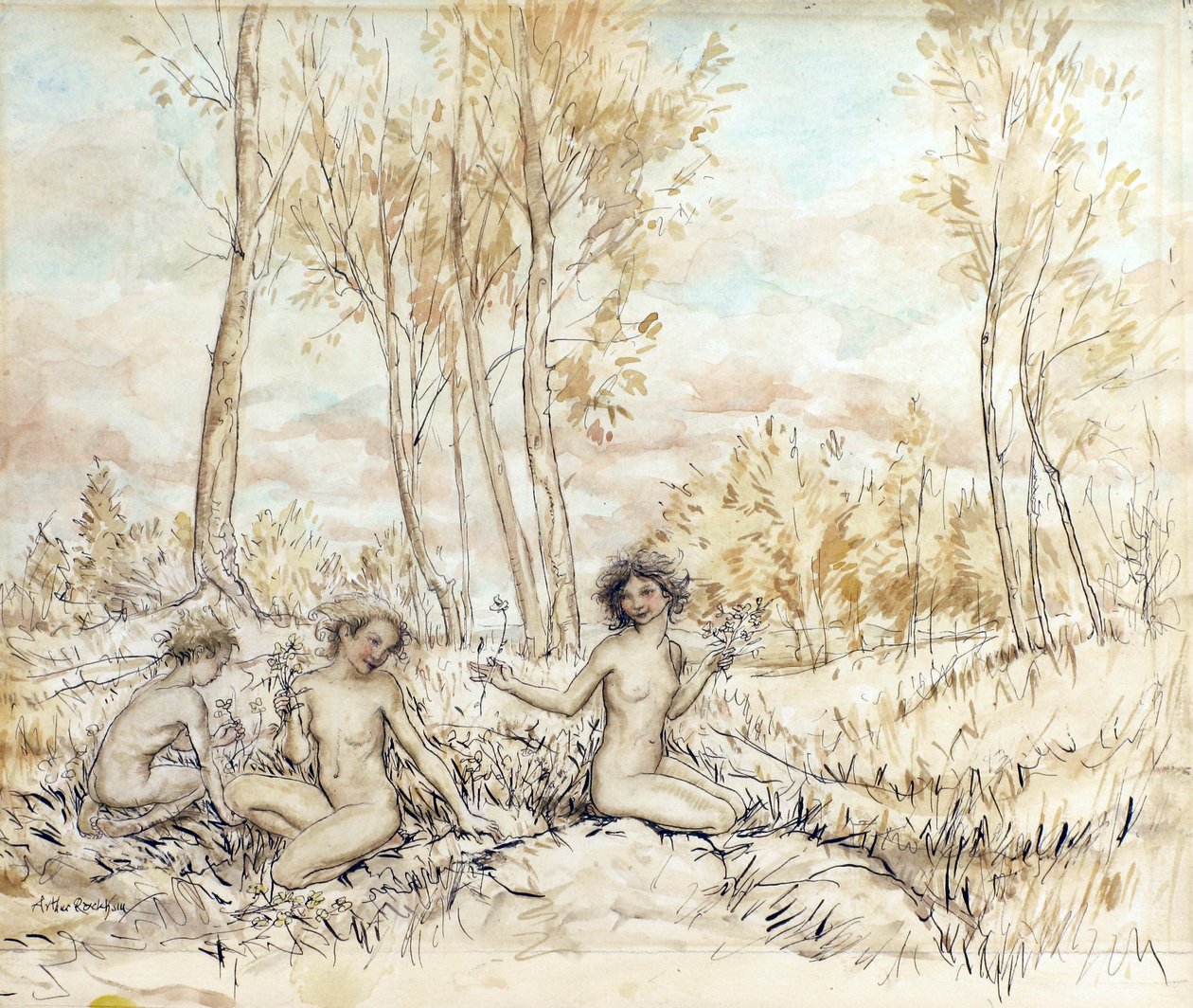 Három fa nimfa virágot gyűjt (toll, tinta és WC papíron) alkotó: Arthur Rackham
