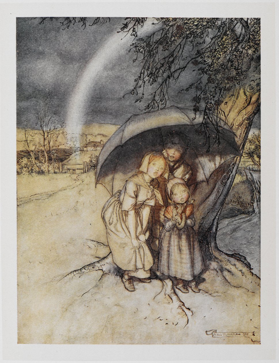 Három gyermek menedéket egy esernyő alatt egy szivárvány. "Eső eső, menj Spanyolországba". alkotó: Arthur Rackham