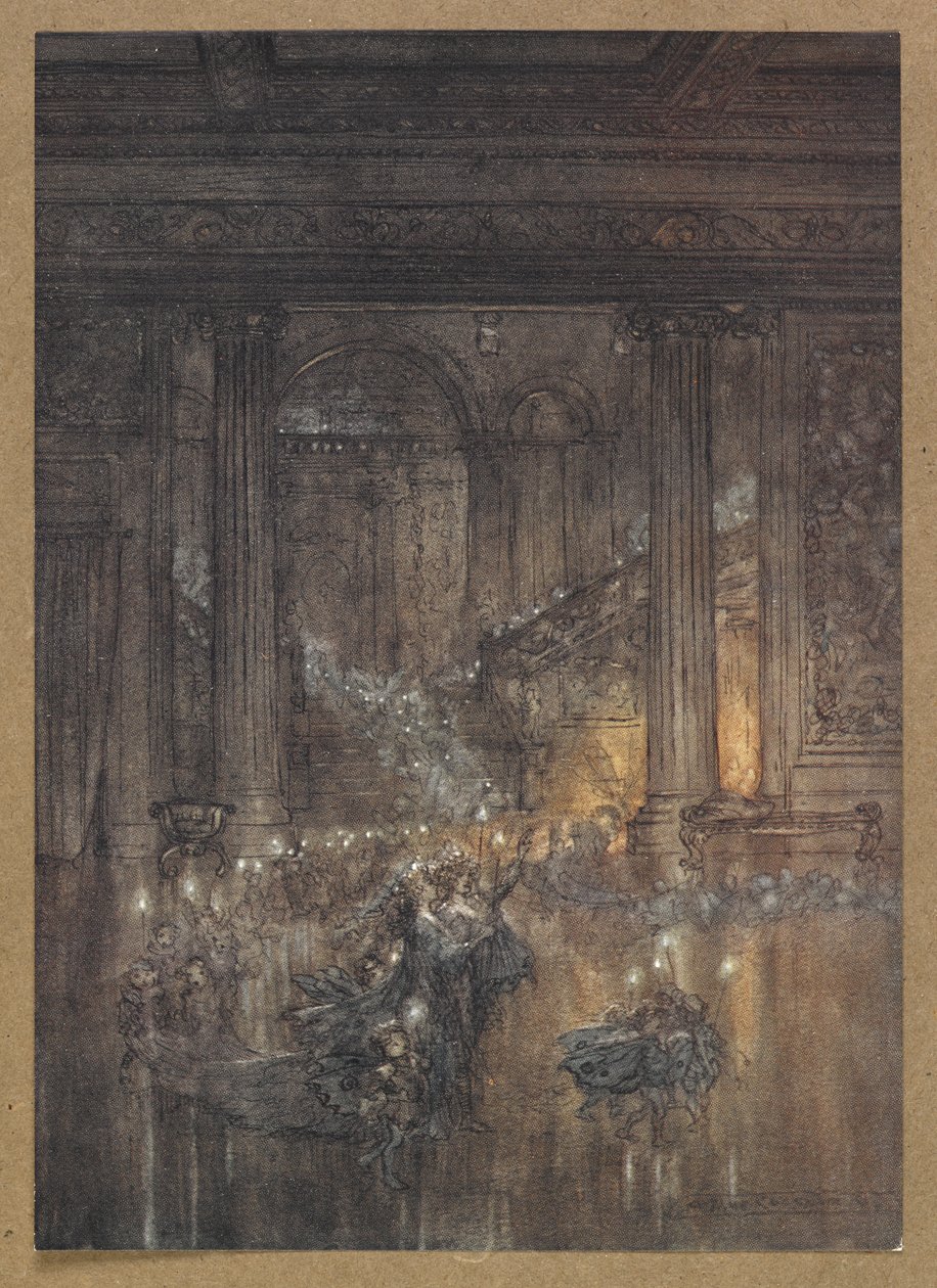 A házon keresztül adj csillogó fényt a halott és álmos tűz által. Jelenet a Szentivánéji álomból. alkotó: Arthur Rackham