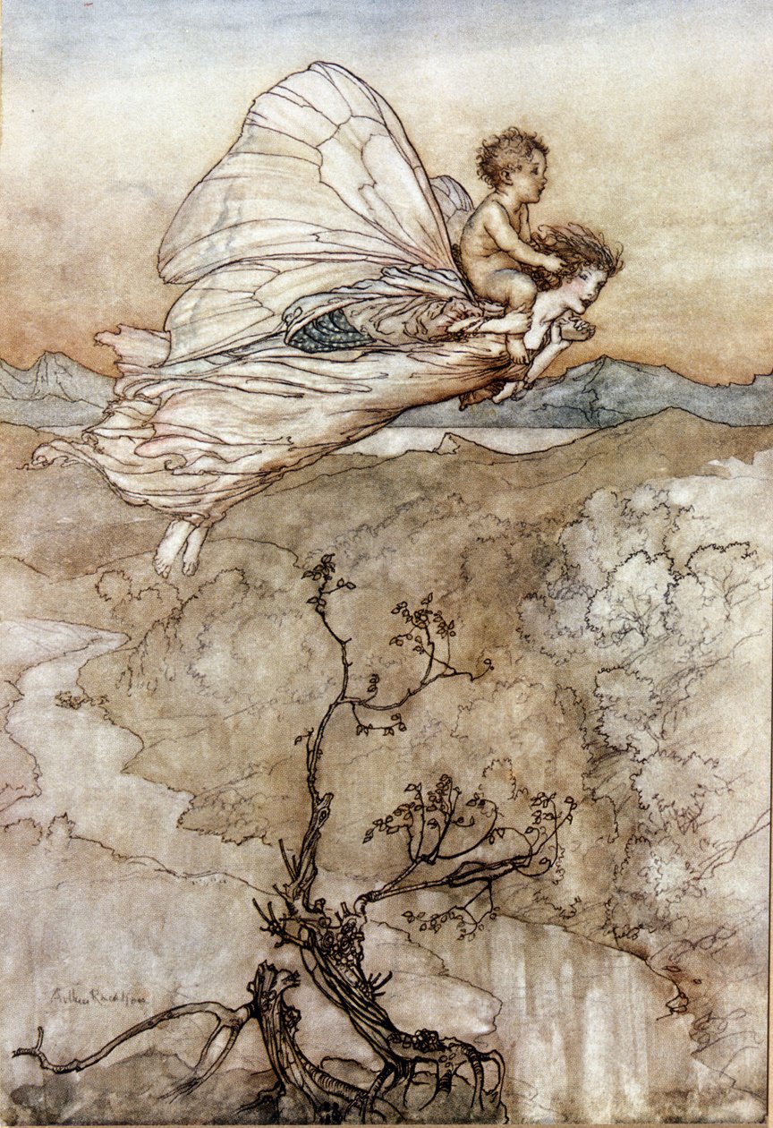 Titánia, a díjak királynője repül, hátán Changelin gyermekével. Illusztráció: Arthur RACKHAM (1867-1939) William SHAKESPEARE: Egy nyári éjszaka álmához alkotó: Arthur Rackham