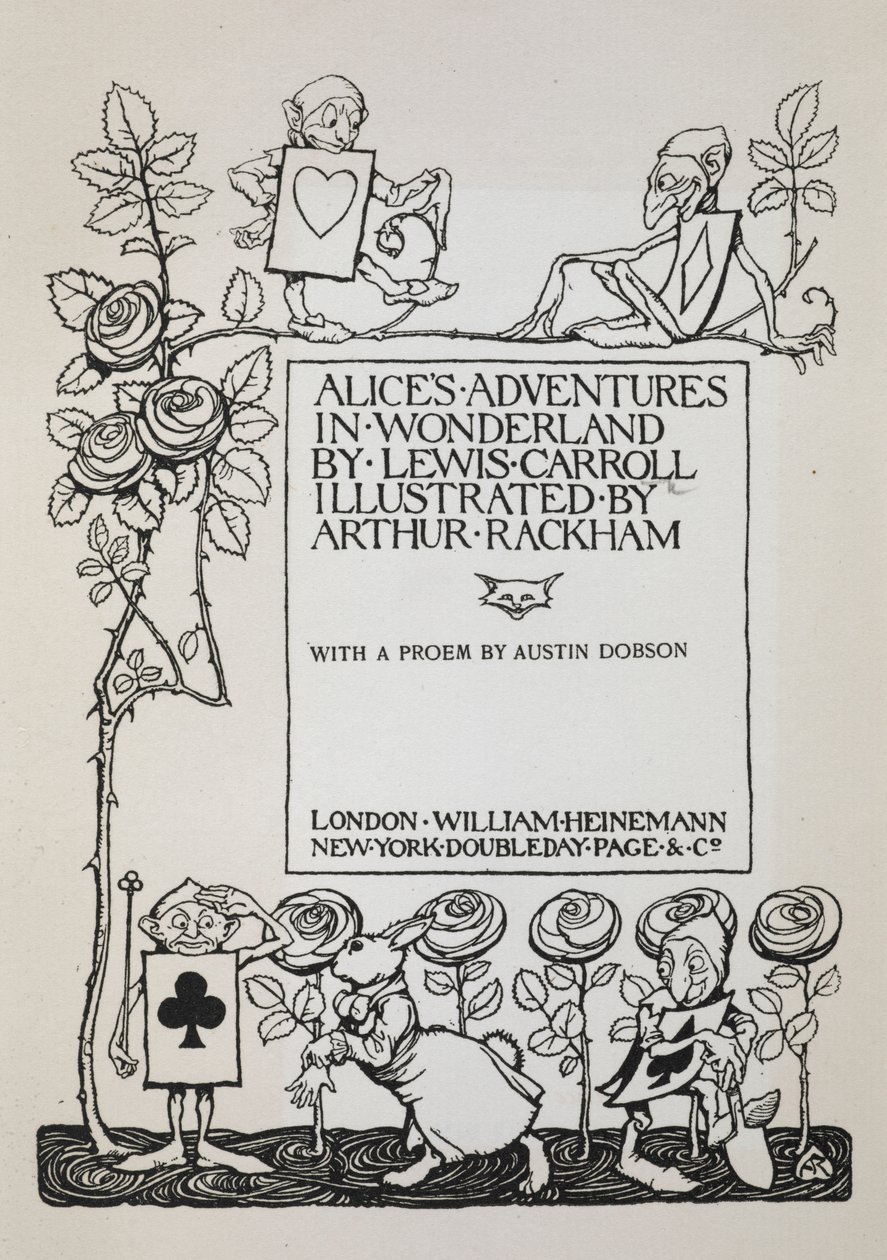Címlapon rózsabokor, a Fehér Nyúl és a kártyákba öltözött férfiak alkotó: Arthur Rackham