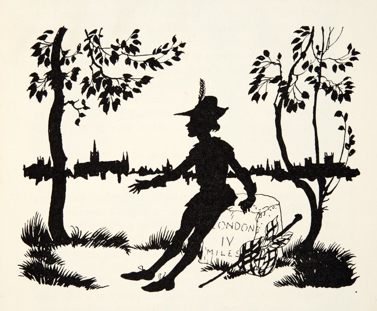 Fordítsa vissza Whittingtont, London háromszoros főpolgármesterét a The Arthur Rackham Fairy Book kocsmából. 1933 alkotó: Arthur Rackham