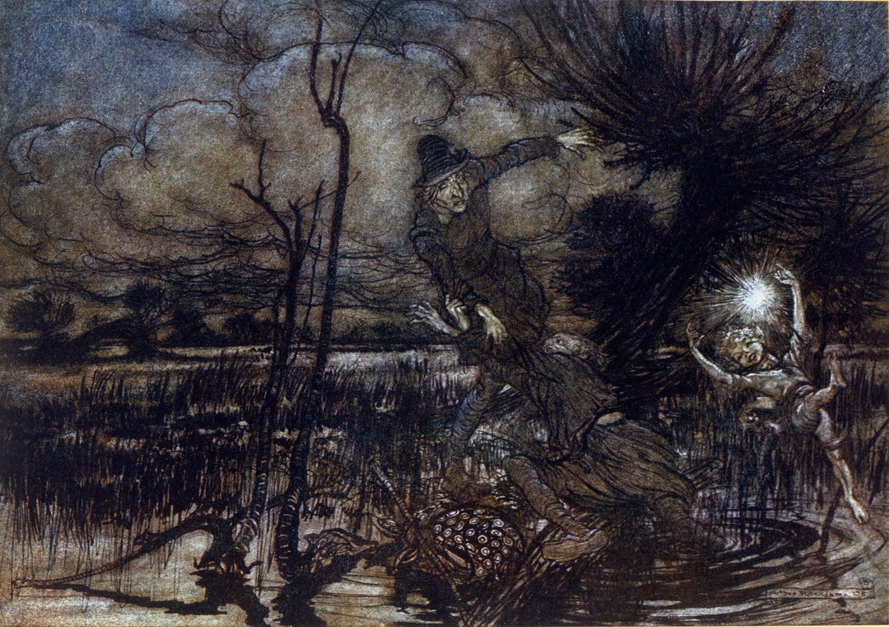 Két karakternek nem sikerül megfulladnia a mocsárban, Puck segít nekik a tűzben. Illusztráció: Arthur RACKHAM (1867-1939) William SHAKESPEARE: Egy nyári éjszaka álmához alkotó: Arthur Rackham
