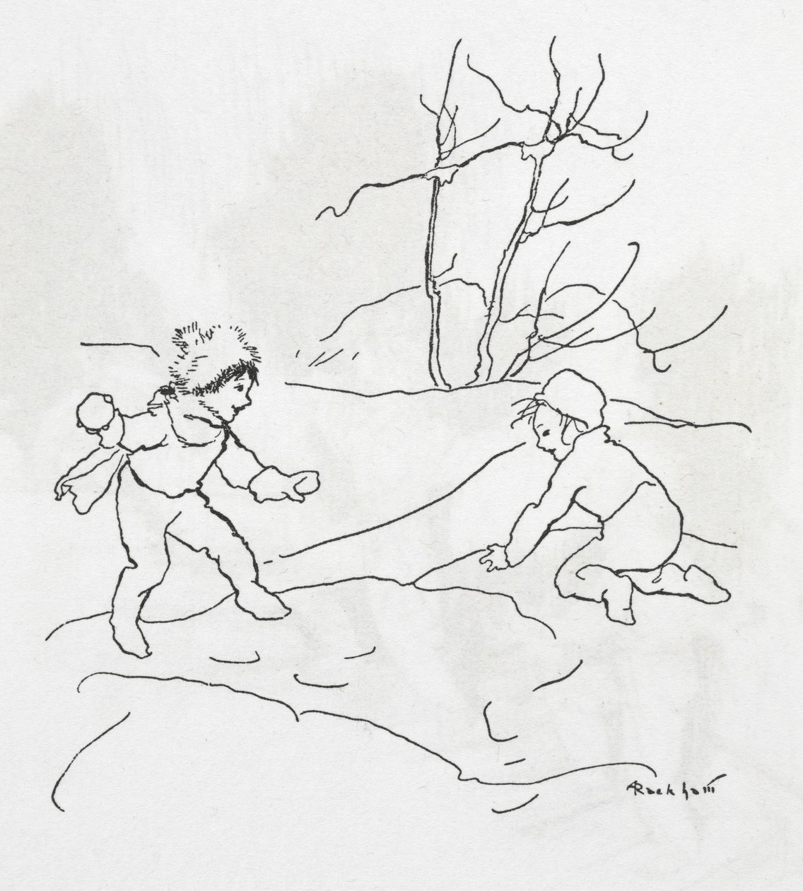 Két gyerek hógolyócsata alkotó: Arthur Rackham