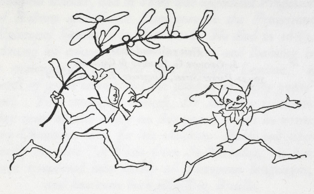 Két manó játszik, az egyik egy fagyöngyszálat cipel alkotó: Arthur Rackham