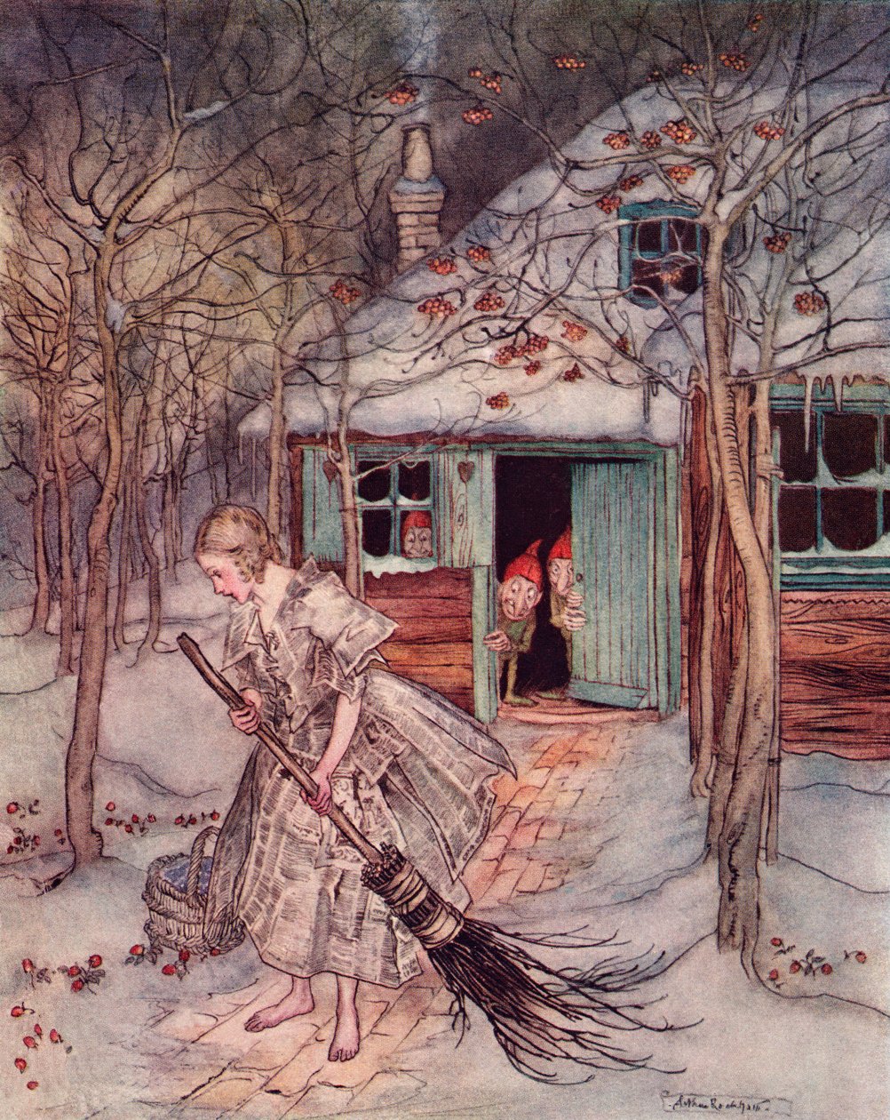 Mit talált ott, mint igazi érett epret. Arthur Rackham illusztrációja a 19. század végén megjelent Grimm tündérmeséjéből, A három kis ember az erdőben. alkotó: Arthur Rackham