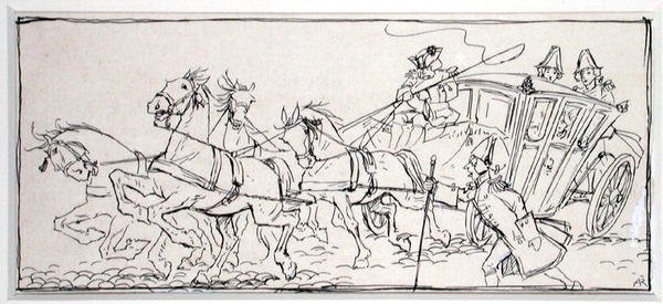 „Mitől olyan nehéz manapság az edző?” Illusztráció a „The Ingoldsby Legends, or Mirth and Marvels” című könyvéből, Thomas Ingoldsby 1898-ban megjelent (toll és tinta papíron) alkotó: Arthur Rackham