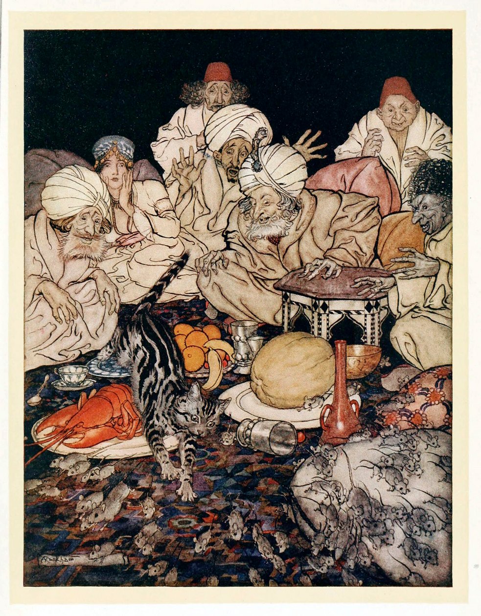 Amikor Puss meglátta a patkányokat és az egereket, nem várta meg, hogy elmondják neki, az English Fairy Tales kocsmából. 1922. alkotó: Arthur Rackham