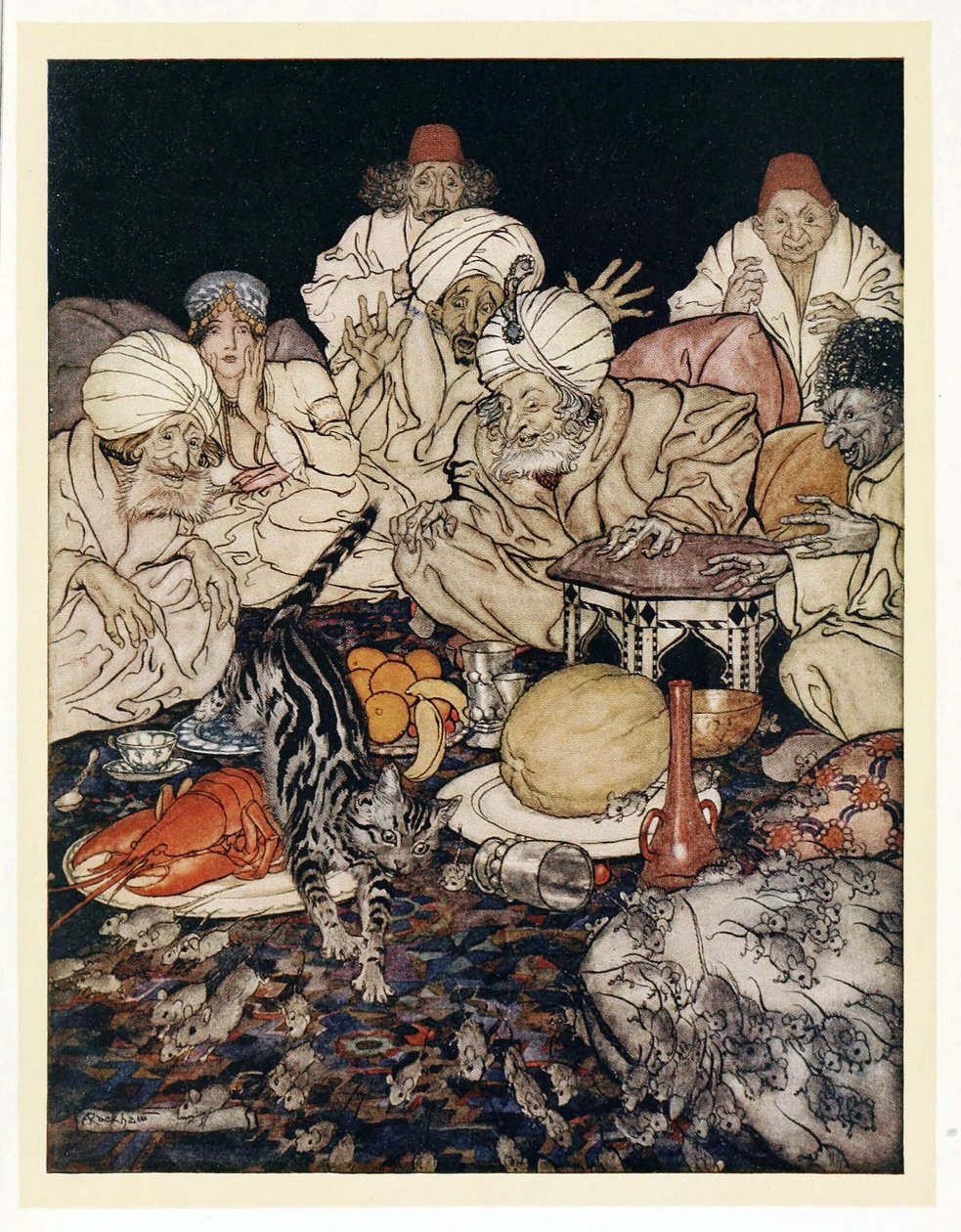 Amikor Puss meglátta a patkányokat és az egereket, nem várta, hogy elmondják neki, az English Fairy Tales kocsmából. 1922 alkotó: Arthur Rackham