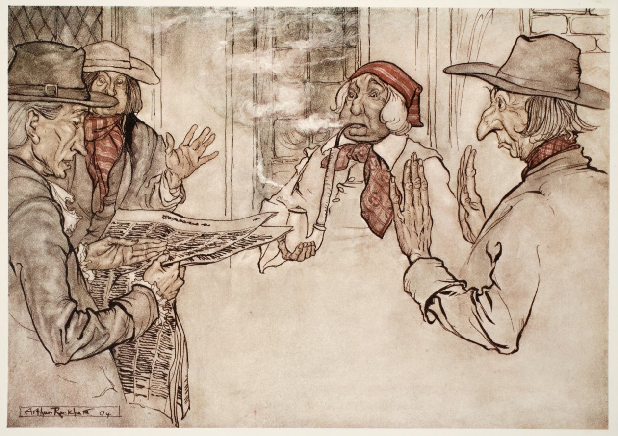 Amikor valami nem tetszett neki, azt figyelték meg, hogy hevesen pipázott, és rövid, gyakori és dühös fújásokat üzent. Rip Van Winkle-től Washington Irving, kocsma. 1910 alkotó: Arthur Rackham
