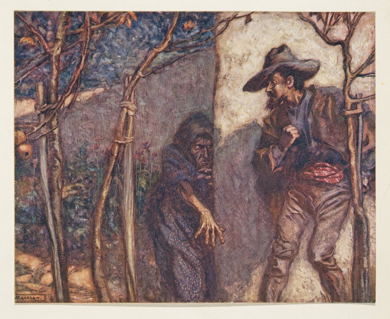 Amikor átment a falon, megrémült, hogy maga előtt látja a Boszorkányt, a Grimm testvérek tündérmeséiből, kocsmából. 1909 alkotó: Arthur Rackham