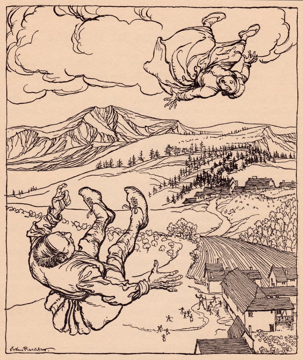Amikor a férje meglátta, felkiáltott: Szia! gyere hozzám ide". Arthur Rackham illusztrációja Grimm meséjéből, A fiatal óriás." alkotó: Arthur Rackham