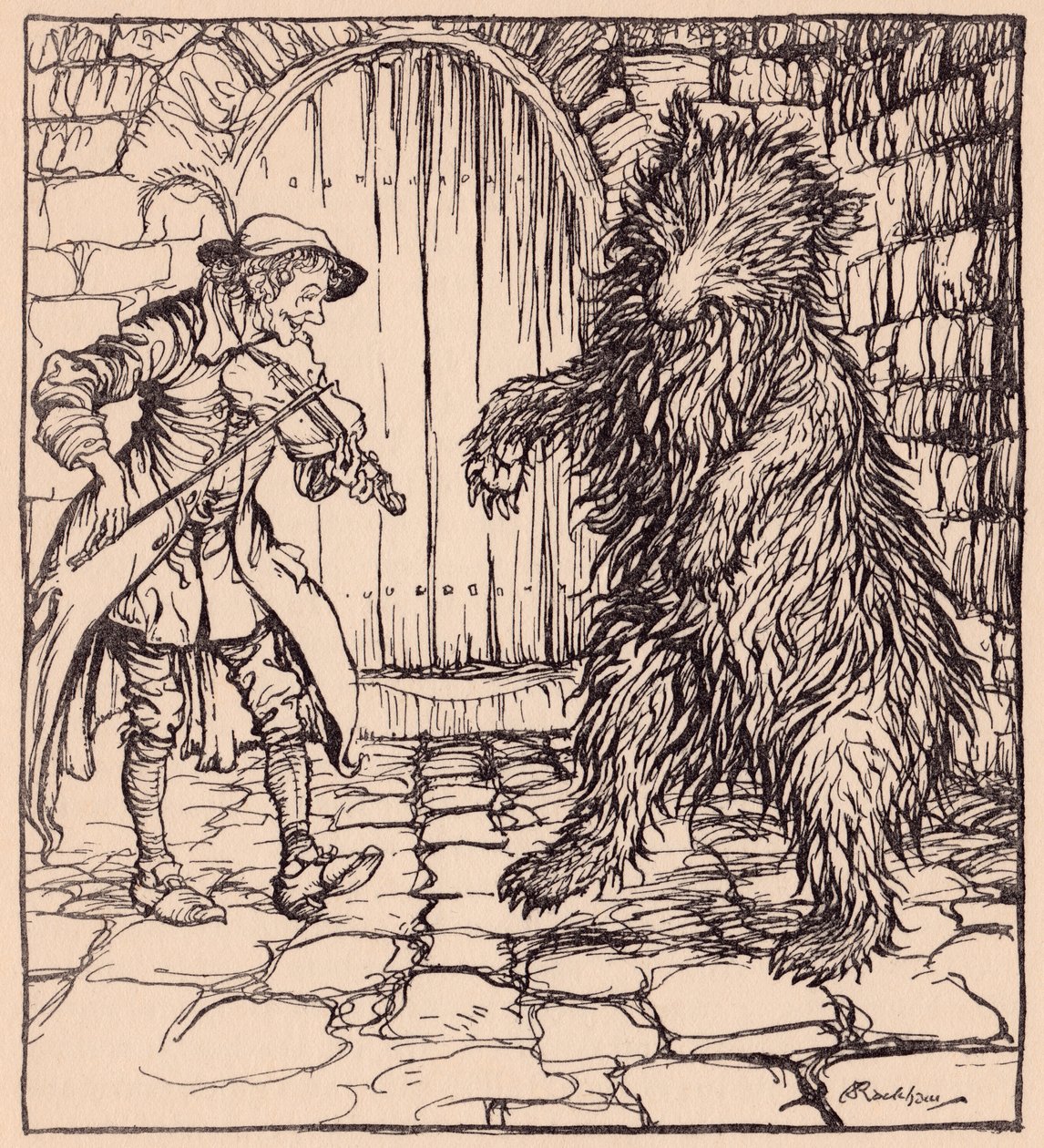 Amikor a medve meghallotta a zenét, nem tudta megállni, hogy elkezdjen táncolni. Illusztráció: Arthur Rackham a Grimm meséjéből, A ravasz kis szabó c. alkotó: Arthur Rackham
