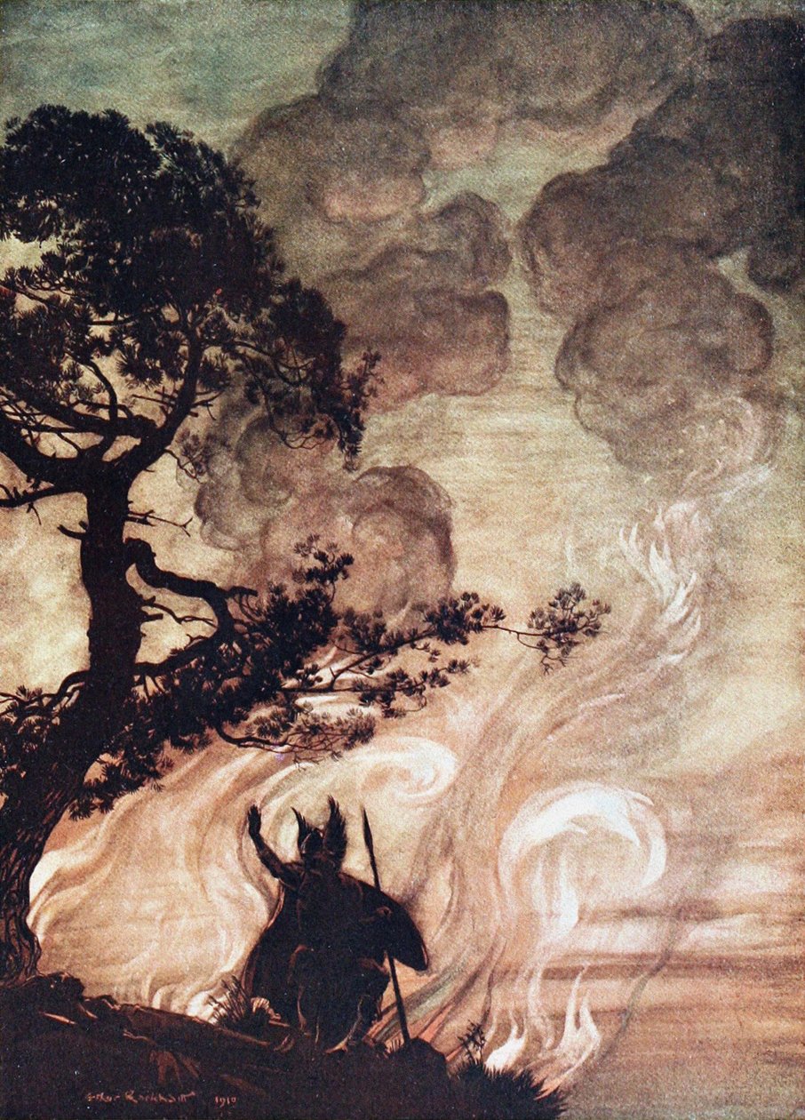 Wotan megfordul, és szomorúan néz vissza Brünnhildére. Illusztráció a Rhinegold és a Valkyr című filmekhez alkotó: Arthur Rackham
