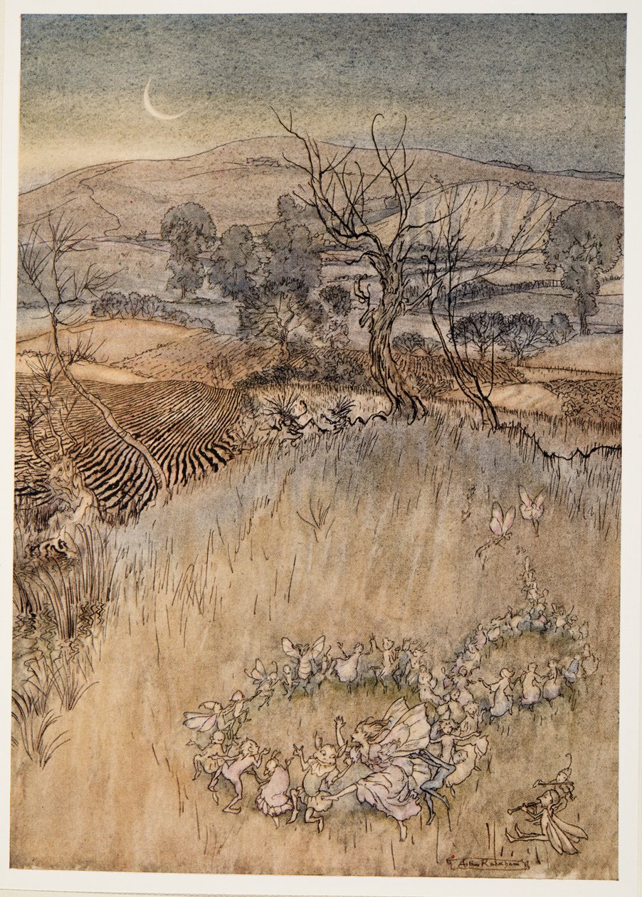 Ti félbábok, akiket holdfény hatására a zöld, savanyú gyűrűk készítenek, William Shakespeares illusztráció: A vihar, kocsma. 1926 alkotó: Arthur Rackham